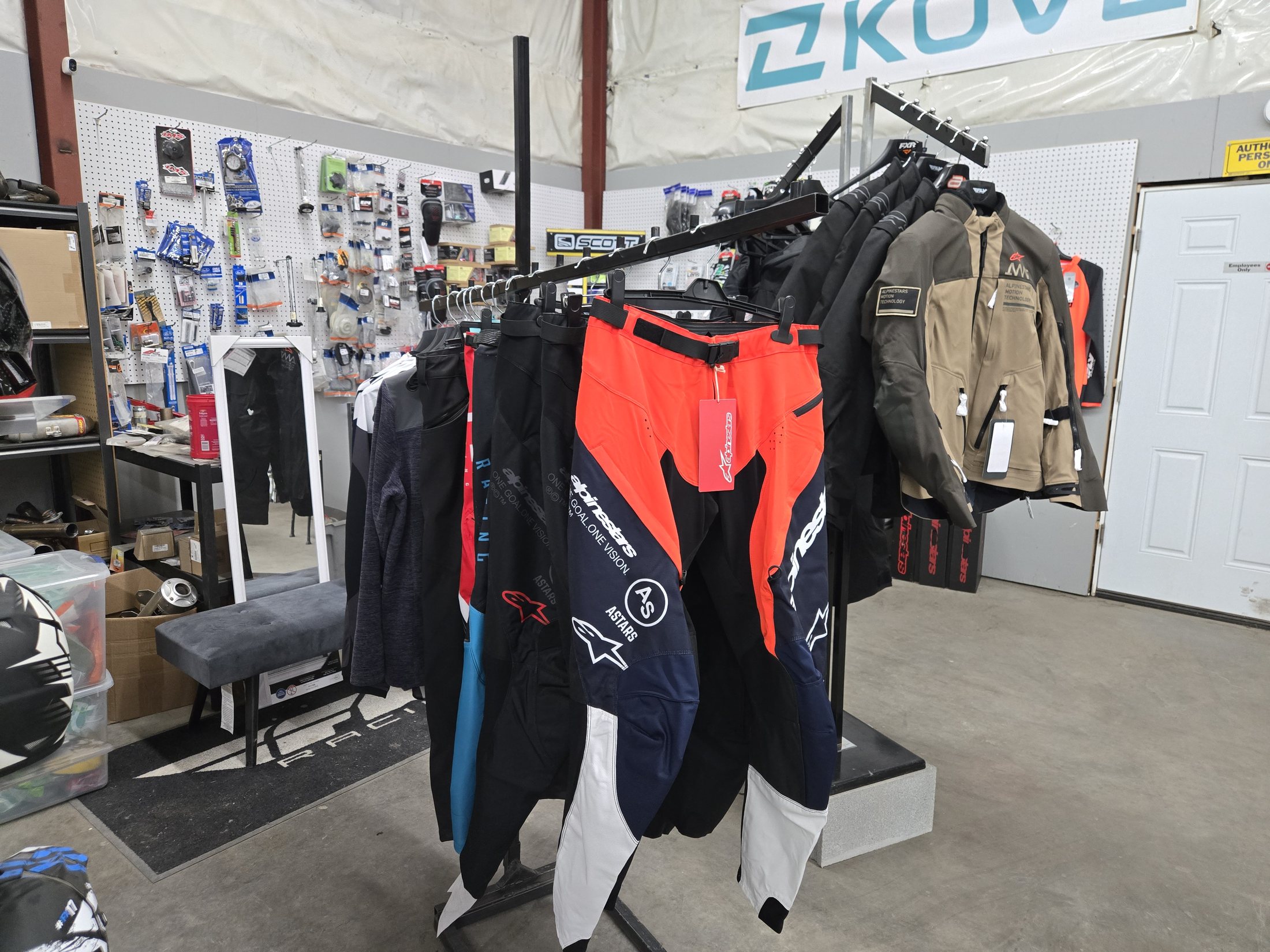 Alpinestars riding gear rack at Rickie's Shop