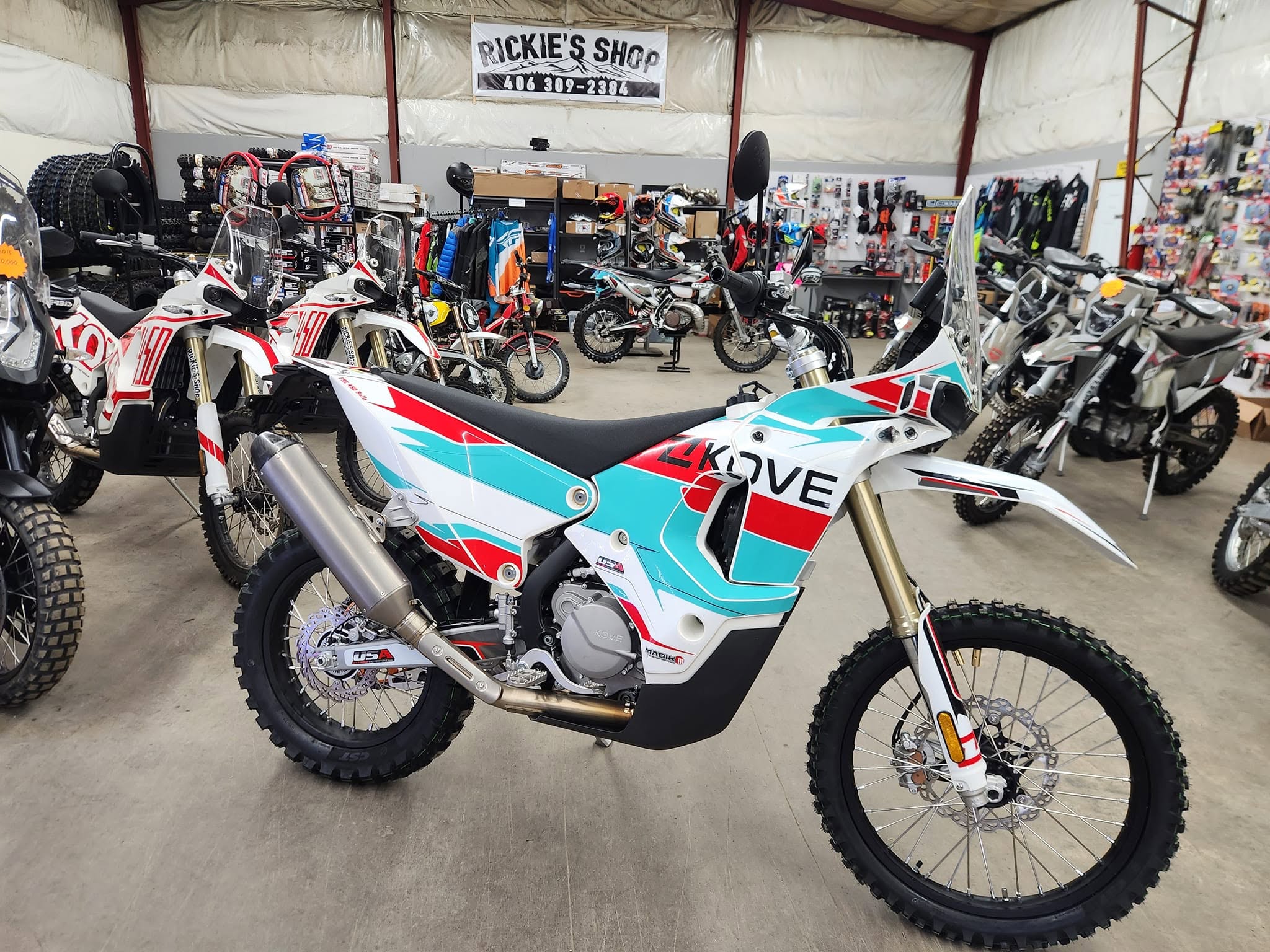 Adventure motorcycle on display in Rickie's Shop showroom
